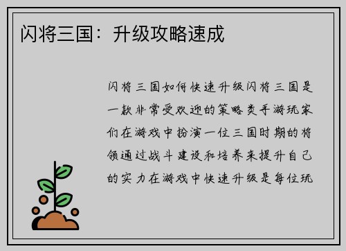 闪将三国：升级攻略速成